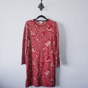 St. John Sport Dress Red Gold Metallic Shimmer Patterned Stretch Knit Si…
